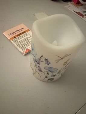 LED Pillar Candle with Blue Floral & Dragonfly Accent - White
